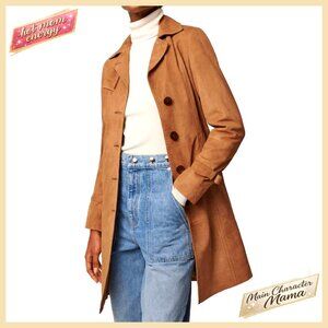 Women's Suede Leather Trench Coat Double Breasted Lapel Collar Long Sleeve